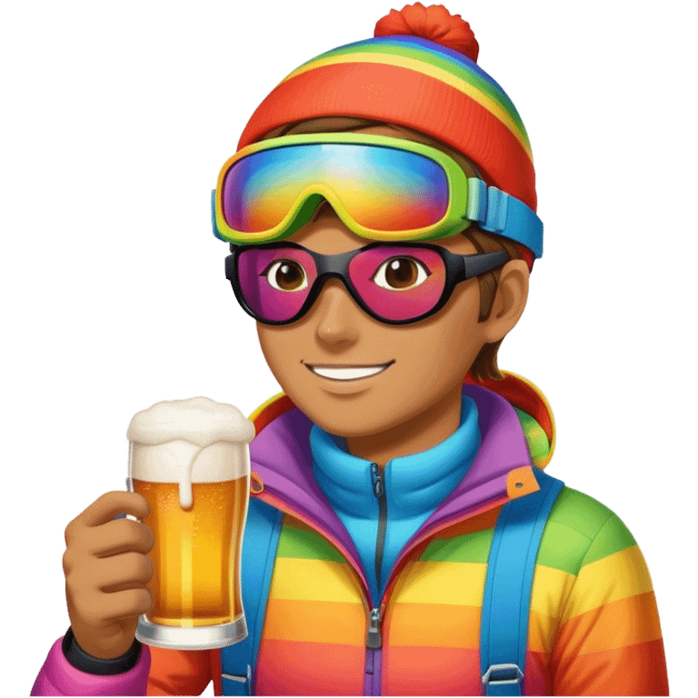 After-ski, a skier, with modern rainbow-colored skiing goggles, drinking beer emoji