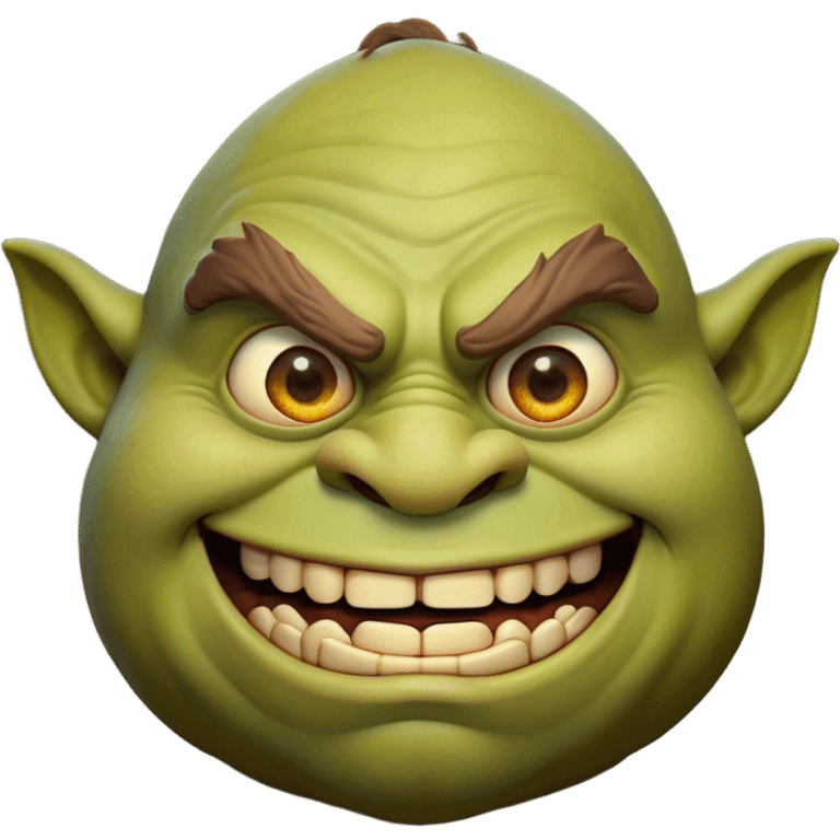 Cinematic Comical Ogre Portrait Emoji, with a strikingly exaggerated, bulky figure in vivid earthy greens and browns, head tilted in a dramatically surprised expression with wide, comically bulging eyes and a goofy, oversized grin, simplified yet hilariously exaggerated, highly detailed with a soft, cartoonish glowing outline capturing the playful absurdity of a meme-worthy ogre! emoji