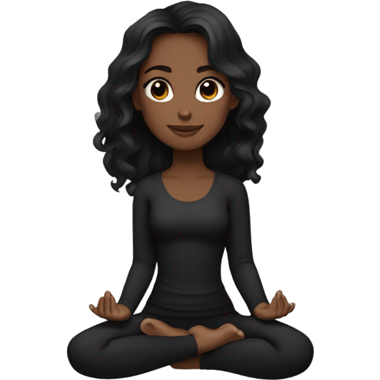 girl with fair complexion, long wavy black hair, black eyes, does yoga in a black outfit emoji