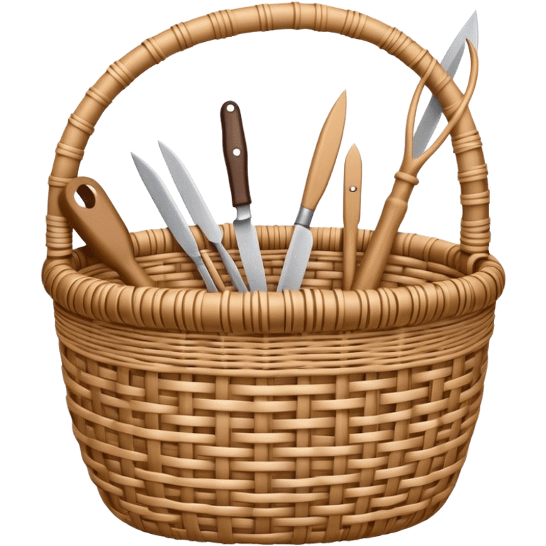 Wicker weaving icon, flexible wicker branches woven into a basket or decorative object, weaving tools like a knife or awl, intricate patterns, minimalistic style, clean lines, transparent background. emoji