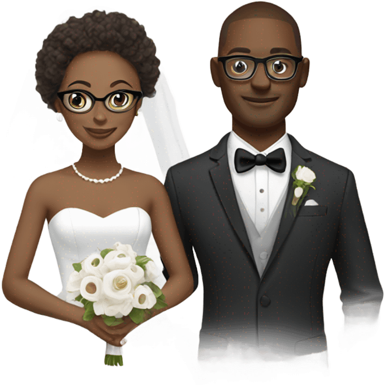 African-American groom with goat tee and white brunette wife both wearing glasses emoji