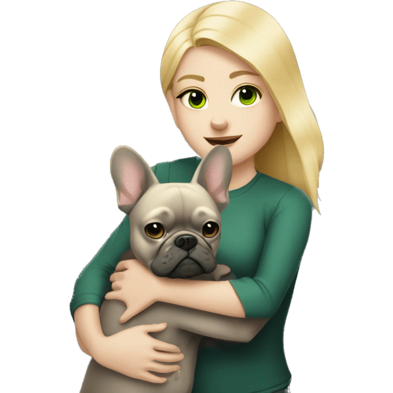 A blonde girl with green eyes with a square hugs a dark gray French bulldog emoji