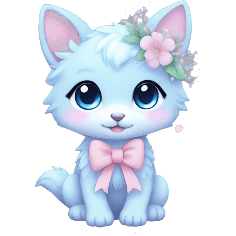 Anthro Cute Cool Blushing Pastel Innocent Shy Kawaii gorgeous sparkly ethereal fantasy anime animal creature with blue eyes furry sona with flowers and ribbons beautiful aesthetic emoji