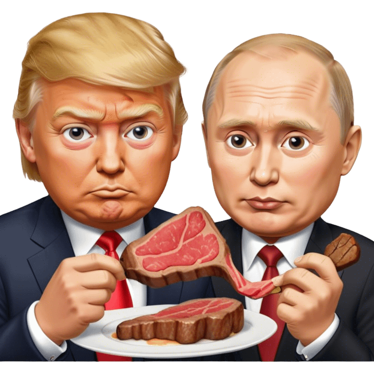 photorealistic Donald Trump and Putin eating a steak shaped like an piece of land emoji