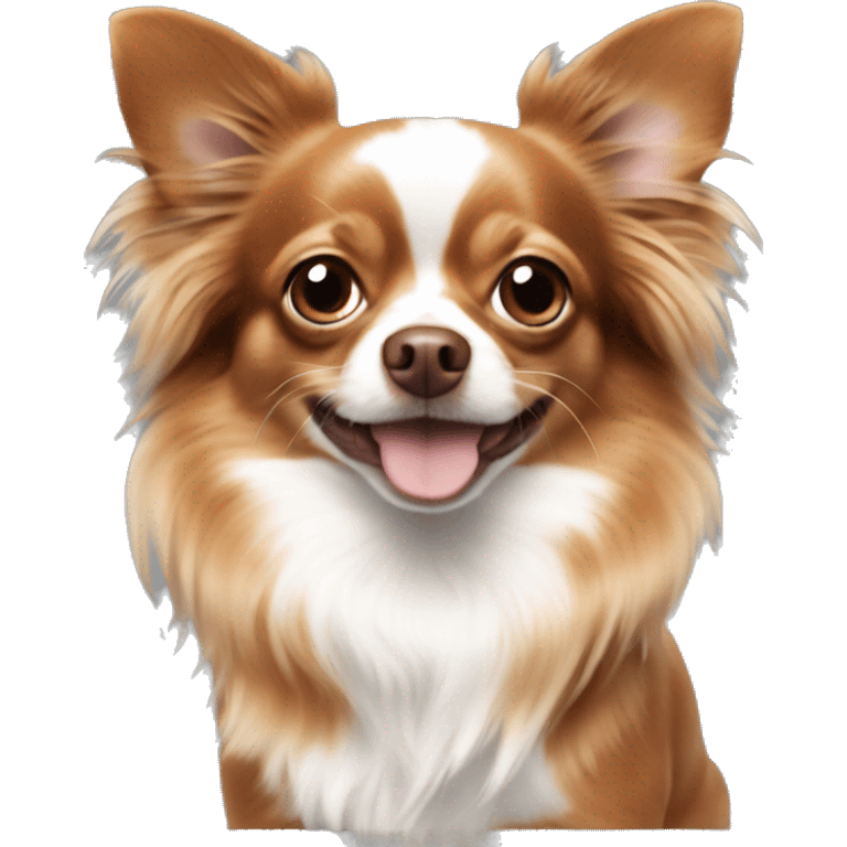 Long haired reddish brown chihuahua with white spots playing emoji