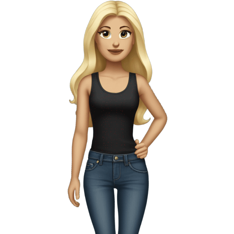 White female, blonde straight long hair, black tank top & jeans, red high heel pumps emoji