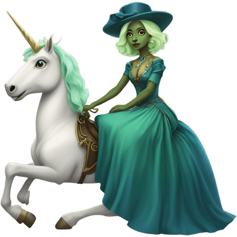 "galora green blonde alien woman" in blue Victorian dress elegant, full body, on brown and white unicorn emoji