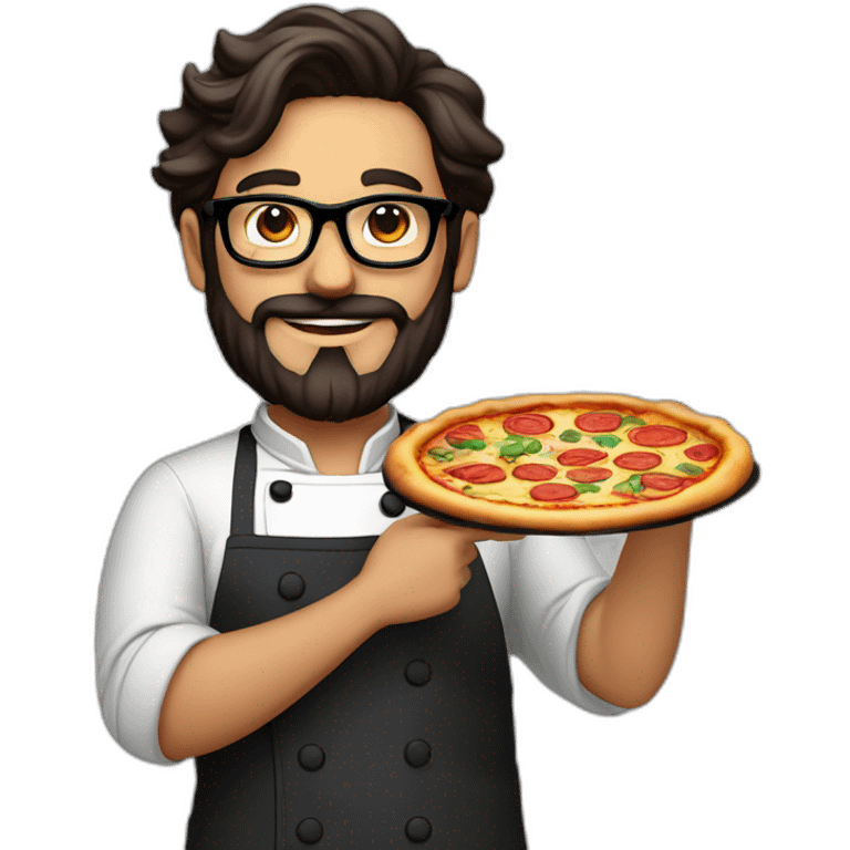 Dark haired 30 years old chef with beard and big glasses proudly holding a pizza emoji