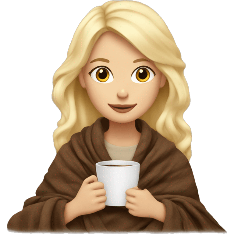 Blond hair girl sitting with her cozy coffee and blanket  emoji