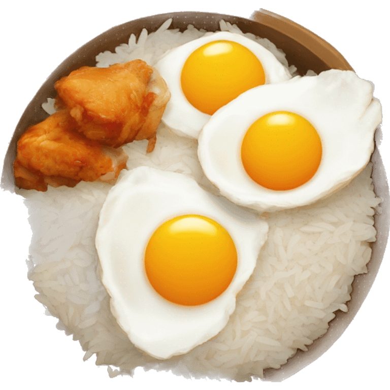 a bowl of rice with two eggs and chicken thigh emoji