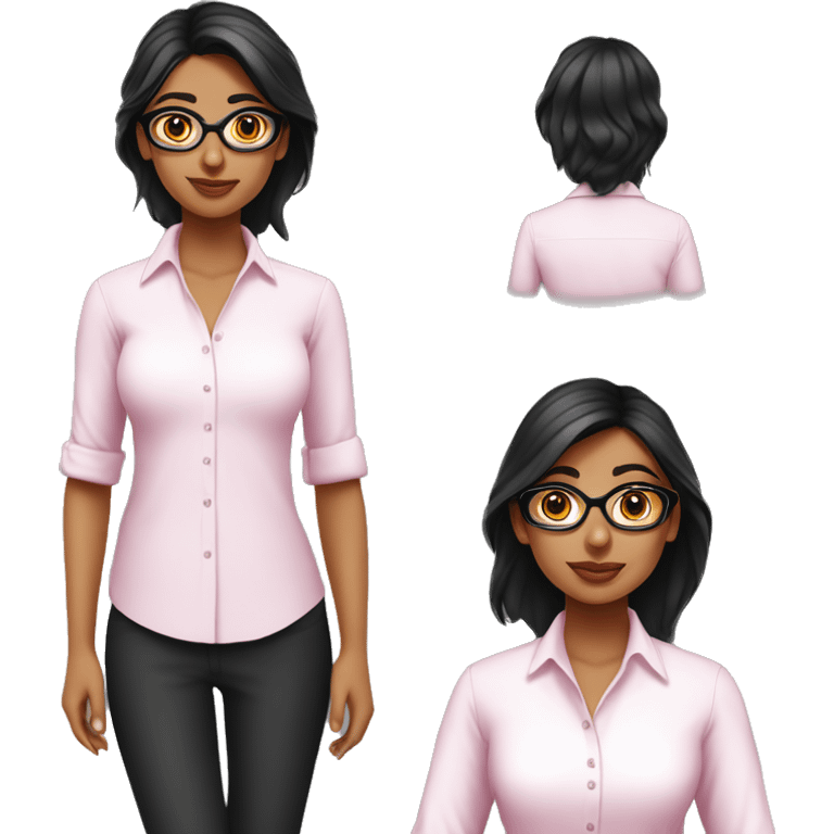 beautiful indian girl wear pink pant & white shirt have black straight  and spectacle emoji