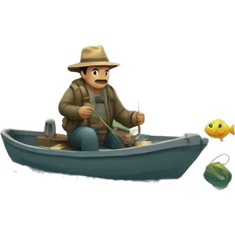 Hombre pescando en un río y capturando un pez emoji