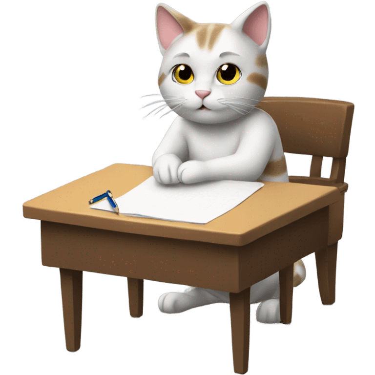 Cat sitting at desk writing emoji