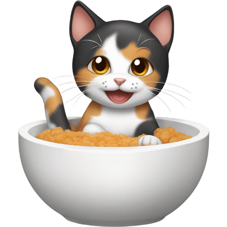 Happy Baby calico cat eating from a cat bowl  emoji