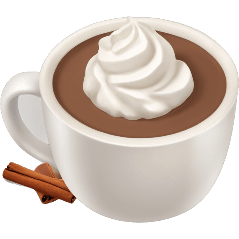 beige mug of hot chocolate with whipped cream and cinnamon emoji