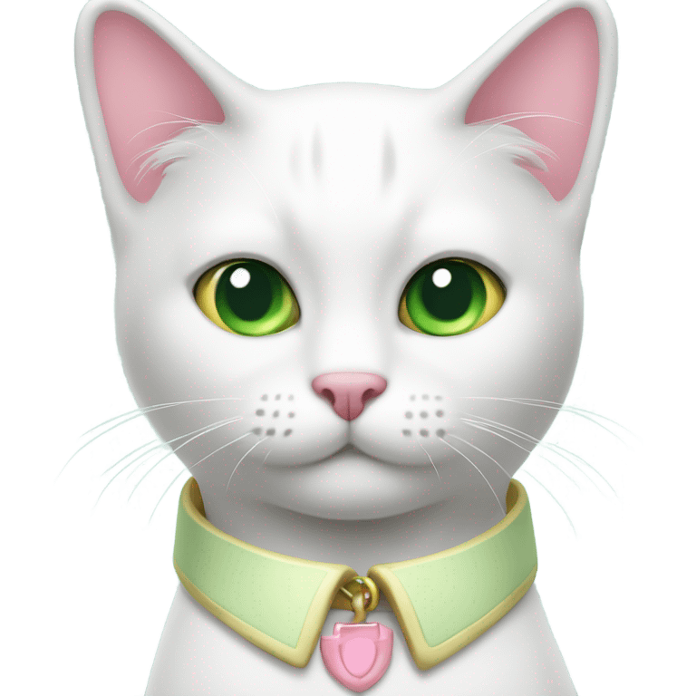 Gato blanco con collar rosa y ojos verde claro emoji