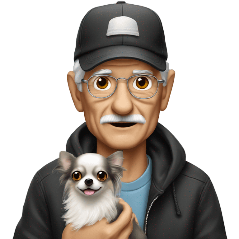 Old man in ball cap holding black long haired chihuahua  emoji