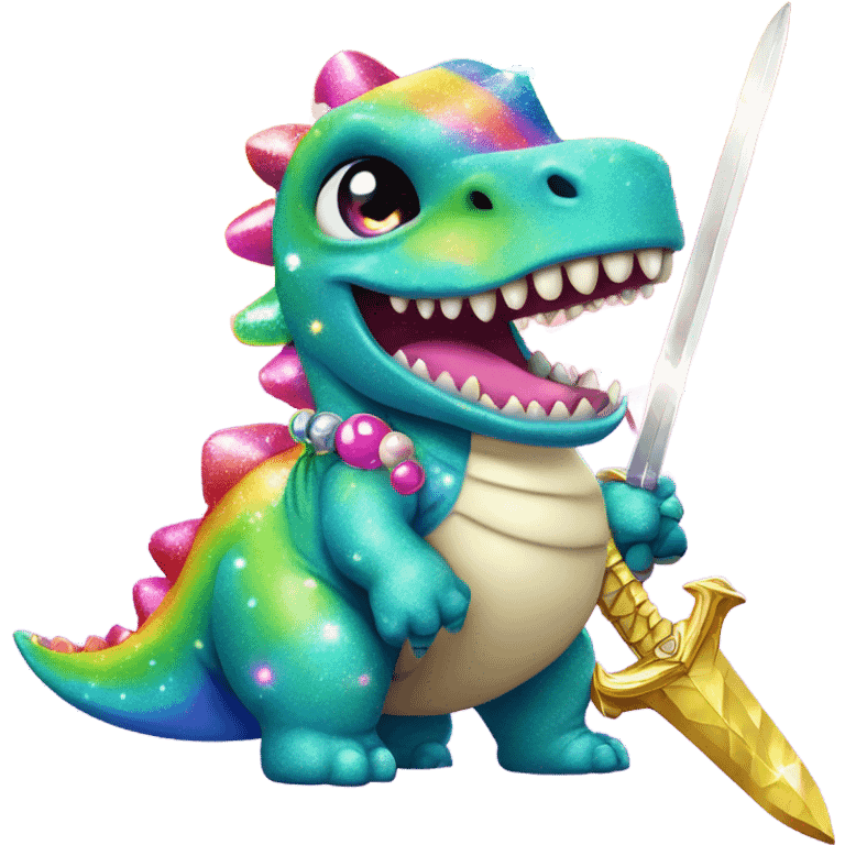 Lisa frank glitter rainbow cute dinosaur with sword and pearls emoji