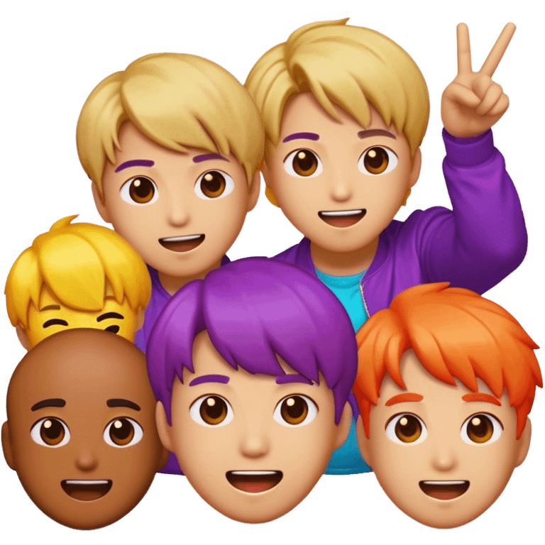 Cinematic Realistic BTS Pop Culture Emoji, featuring a dynamic, energetic portrayal of the acclaimed K-pop group rendered with vibrant textures and energetic, colorful lighting. emoji