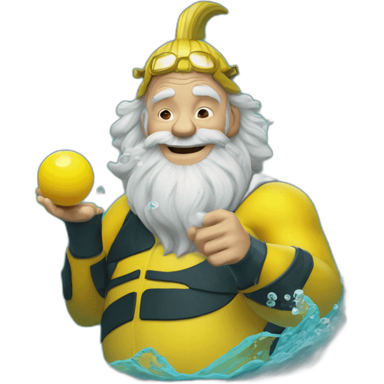 Underwater old happy man mermaid swimming, snorkel equipement, holding a small yellow ball, winning enthousiasm with kungfu pose emoji