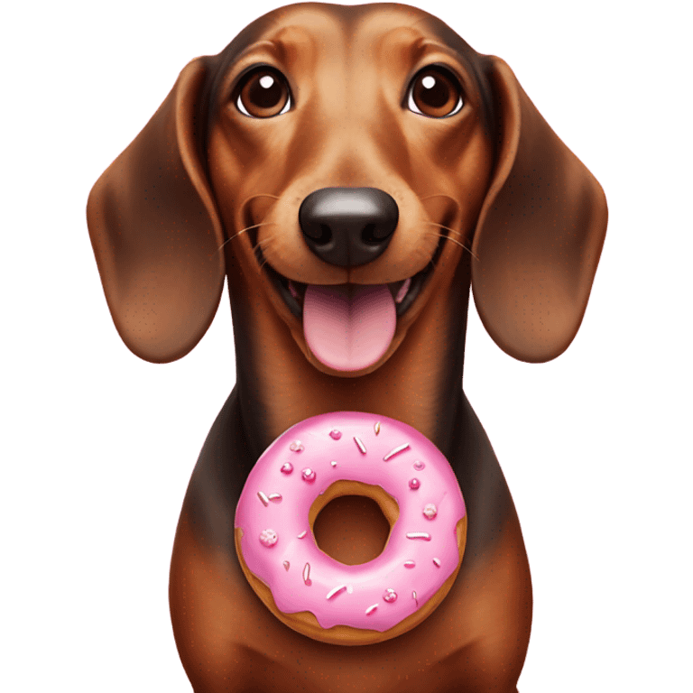 smiling dachshund with a pink frosted doughnut  emoji