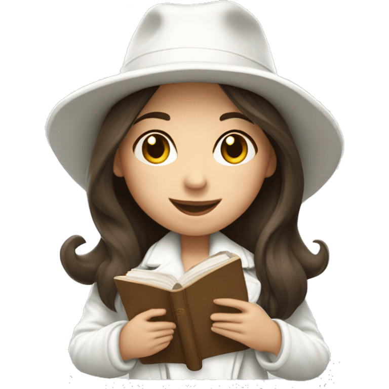 brunette girl in a white jacket in a white hat hugs a book emoji