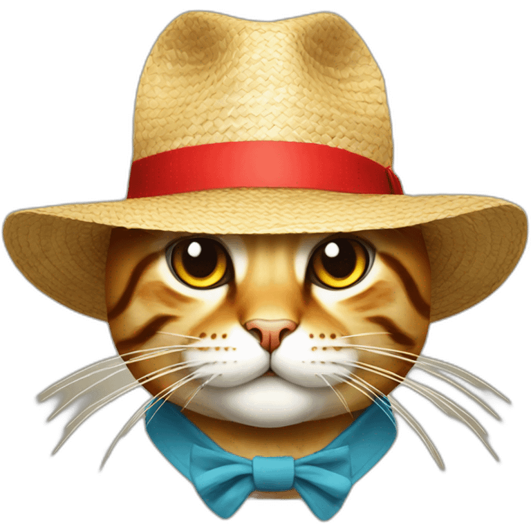 Cat with a straw hat with a red line One Piece emoji