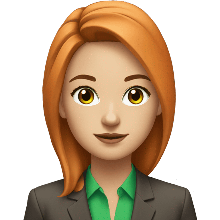 the portrait of young woman with bright green eyes, fair light skin and brown hair in orange business suit emoji