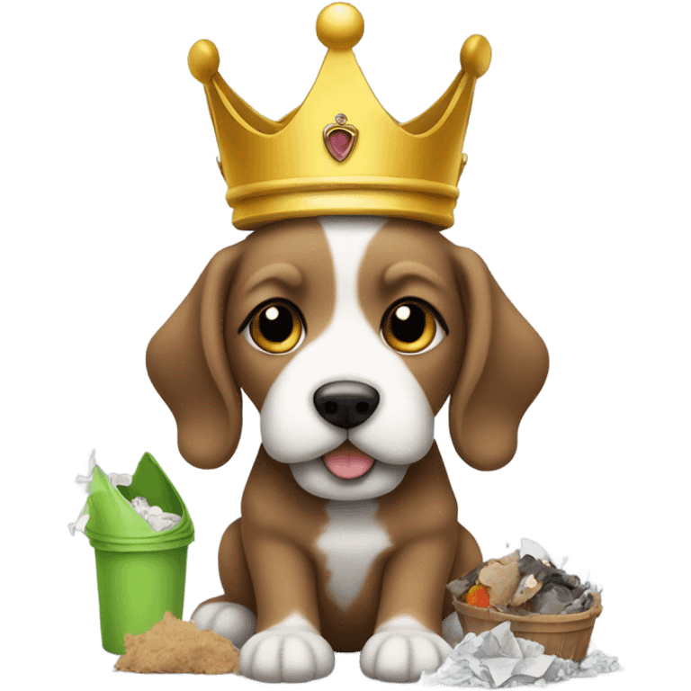 Small brown doodle puppy with a white beard eating garbage while wearing a crown because she is the garbage queen emoji