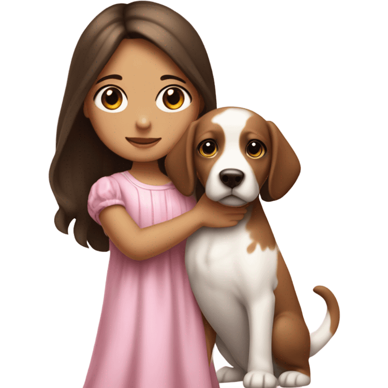 Little Girl with White skin, black eyes. Long brown hair with. She is wearing a pink and White dress, standing and holding on to a dog emoji