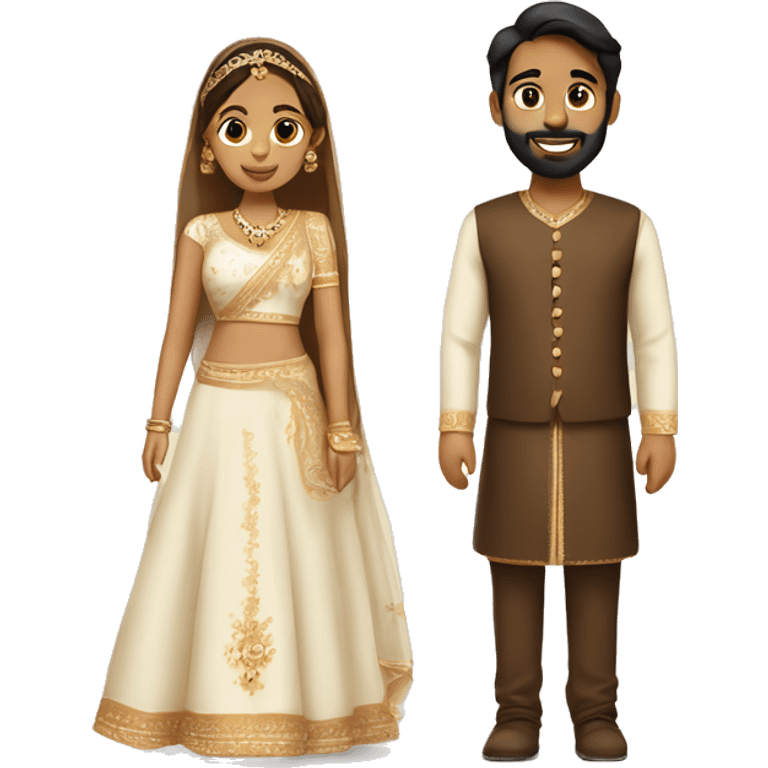 A couple and boy is brown and girl is white but little tan in punjabi wedding outfit emoji