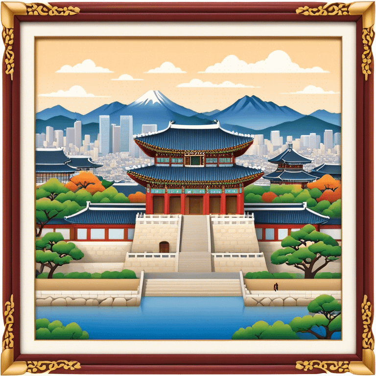 Cinematic Realistic Gyeongbokgung Palace Landmark Emoji, rendered with traditional Korean architecture, ornate wooden carvings, and vibrant colors, set against the backdrop of modern Seoul with soft evening light. emoji