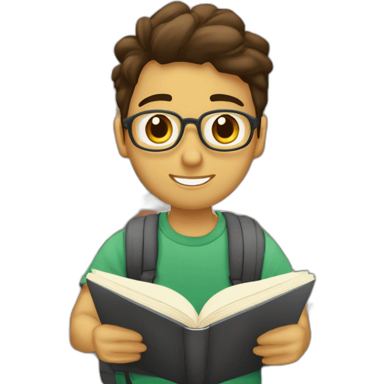 joven estudiante sentado sobre sus libros y cuadernos que son muchos y con un libro en sus manos y sobre su cabeza, de piel blanca y con su mascota emoji