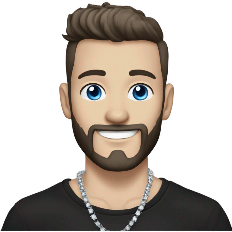 Younger white male that has grey blue eyes, dark brown hair with grey on the sides, a beard, and tattoos. He is wearing a diamond coated white gold necklace and a black punk band t-shirt while waving hello emoji