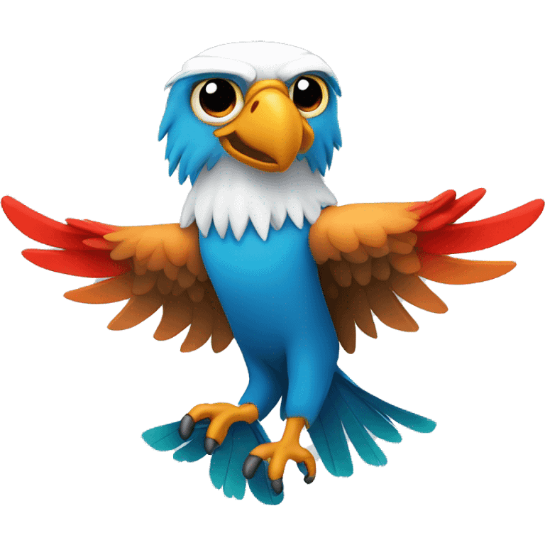 create a blue eagle with colorful wings in the colors: orange, red and green. This eagle has to be holding a white mug. emoji