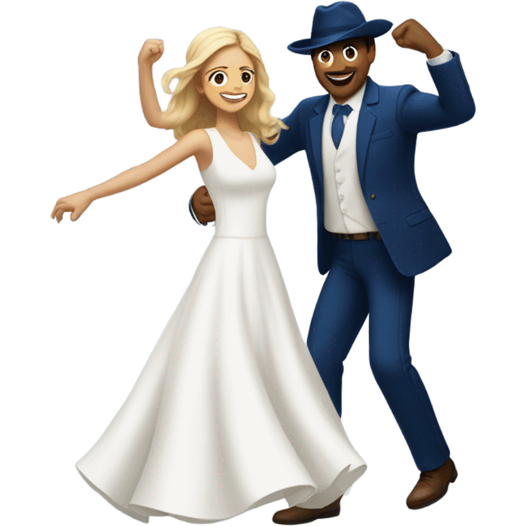 Puerto rican beard short brown hair with blue hat and navy blue suit first dance with blond long hair girl with white  wedding dress  emoji