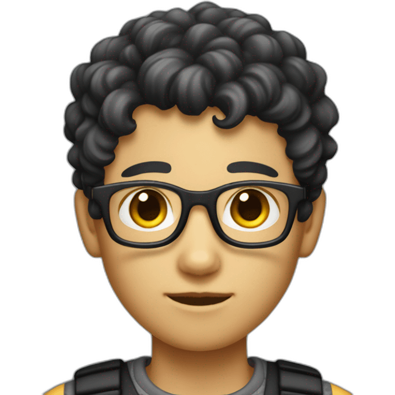 a fair-skinned boy with short-cut sides and a curly top with white glasses and a black cat iOS emoji emoji