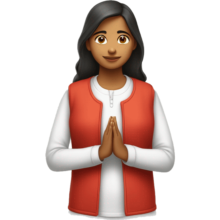 A teenage girl wearing plain white kurty with no designs . She is also wearing red modi jacket. She is joining her hands and praying  emoji