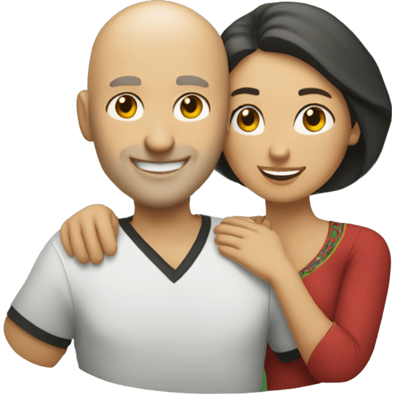 couple hug with warm smiles, white bald man, Mexican woman  emoji