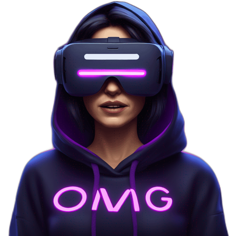 Cathie Wood wearing a black hoodie with "OMG" letters on it and VR headset in a cyberpunk VR environment with violet neon lighting. emoji