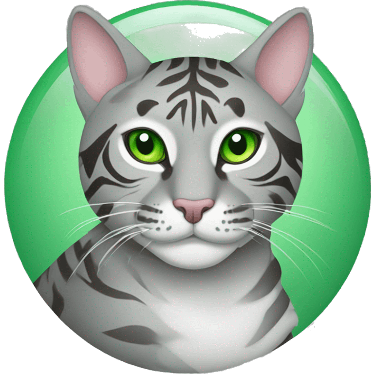 grey tiger tabby cat with green eyes curled into a circle ball resting comfortably  emoji