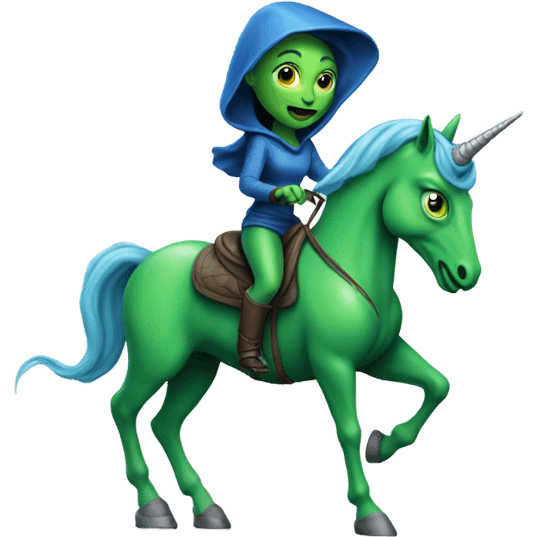 a green amazon alien woman on a blue unicorn no woke emoji