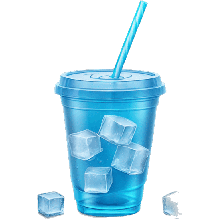 Realistic plastic cup and lid with Transluscent blue soda and large ice cubes inside and one straw through the top of the lid. emoji