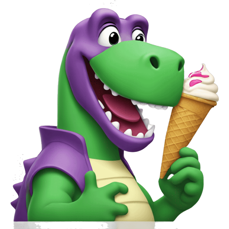 Barney the dinosaur holding a ice cream emoji