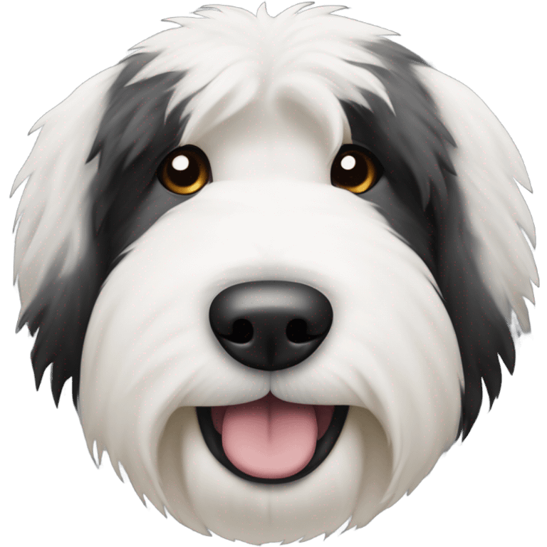 Old English sheepdog with a half and half face like a black (left) and white (right) cookie emoji