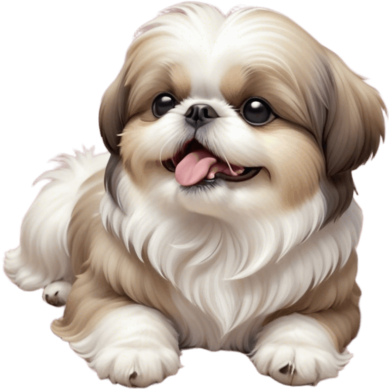 Cinematic Cute Yawning Shih Tzu Portrait Emoji, Head gently tilted with an irresistibly cute yawn and sleepy, half-closed eyes, showcasing a luxurious, fluffy fur in gentle pastel tones, simplified yet endearingly detailed, glowing with a soft, drowsy radiance, high shine, exuding tender, sleepy charm, styled with a delicate, soft glowing outline, capturing the essence of a Shih Tzu caught in a moment of adorable, sleepy bliss! emoji