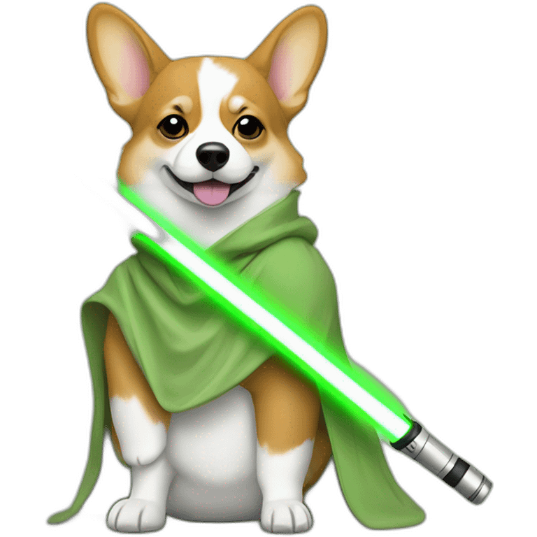 Corgi dress as yoda with one light saber green emoji