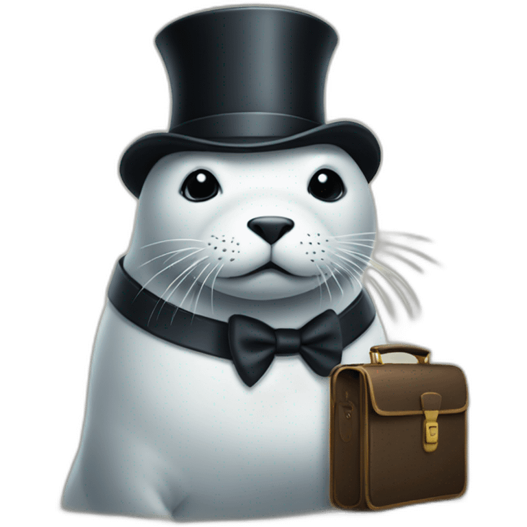 White seal in tie and small black hat and with briefcase emoji