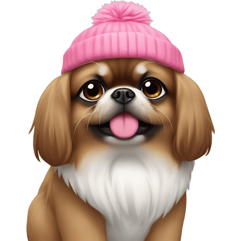 brown and white pekingese dog wearing pink beanie emoji