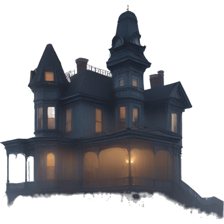 A ramshackle Victorian mansion looms through dense fog at dusk  emoji